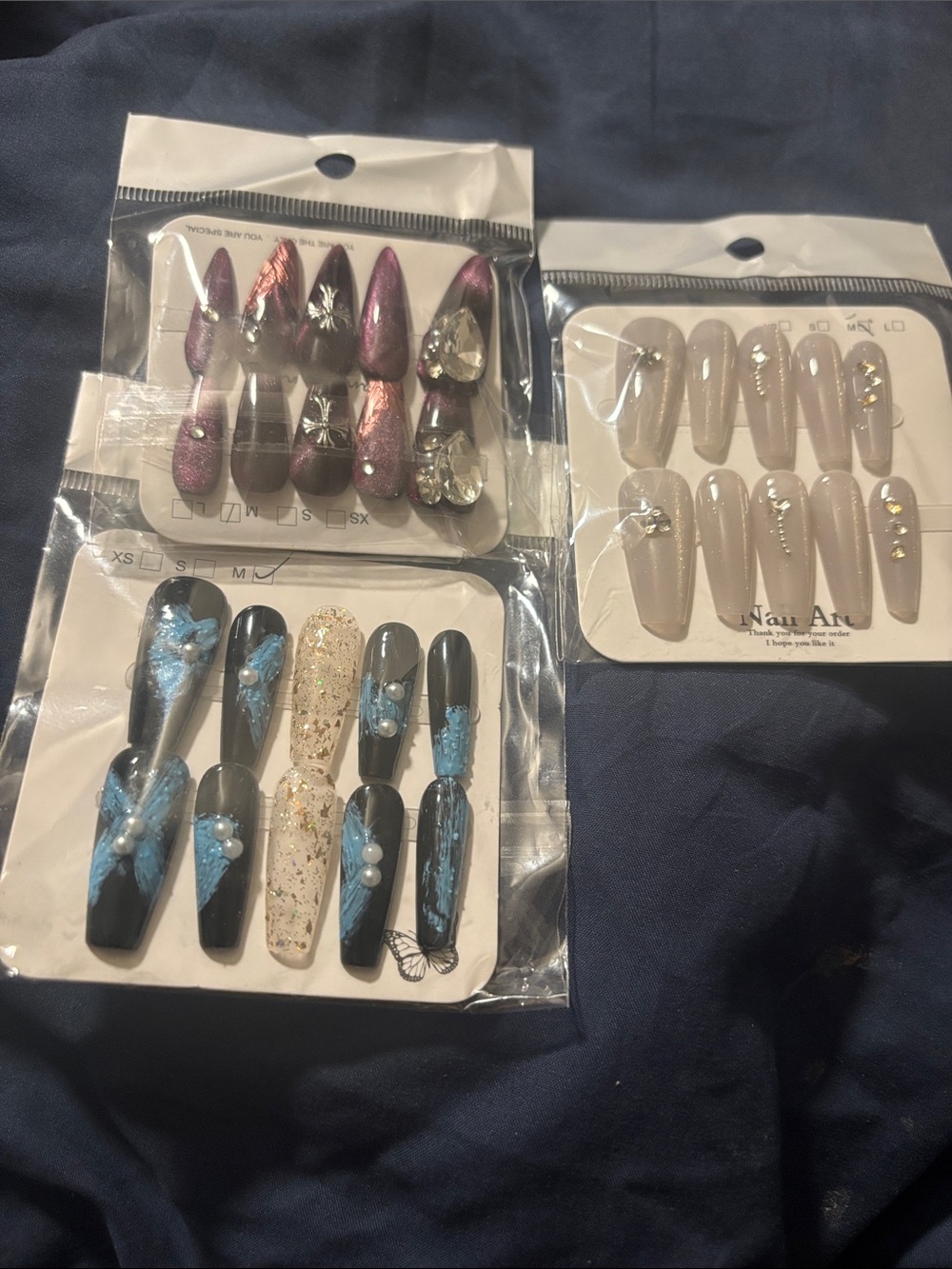 3 pairs of Assorted Press-On Nail Sets — Blue, Black, Nude & Purple
